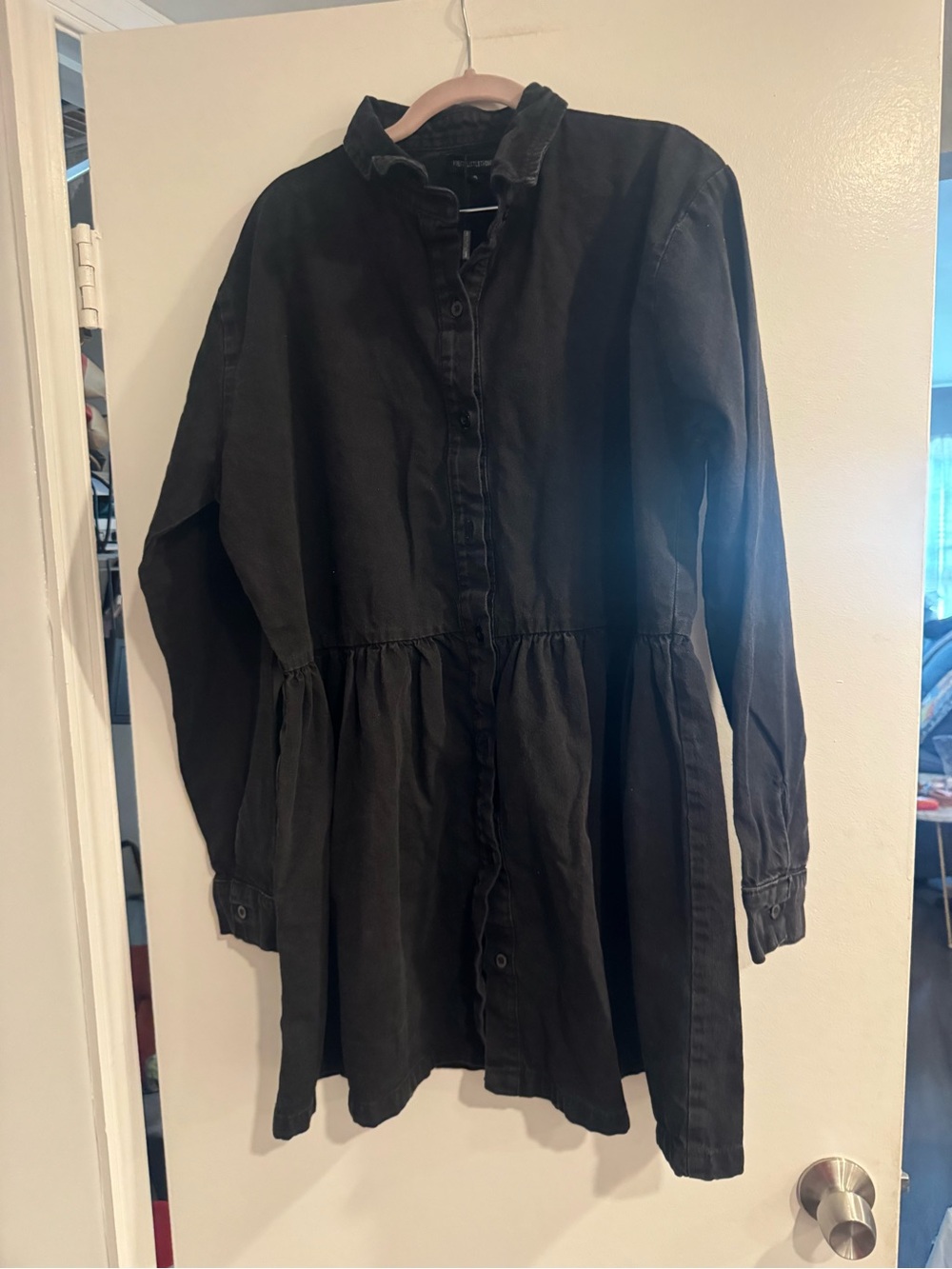 PrettyLittleThing Black Denim Jean Dress Button Front Gathered Waist 18